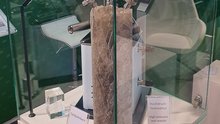 Salt drill core in showcase at the Hanover Fair
