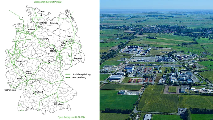 Grafik Deutschland Karte Wasserstoff-Kernnetz neben Luftbild der Kavernenanlage Etzel.